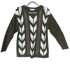 Vintage Pierre Cavallo Brown Cream Knit Sweater Crew Neck Ribbed Hem Size L